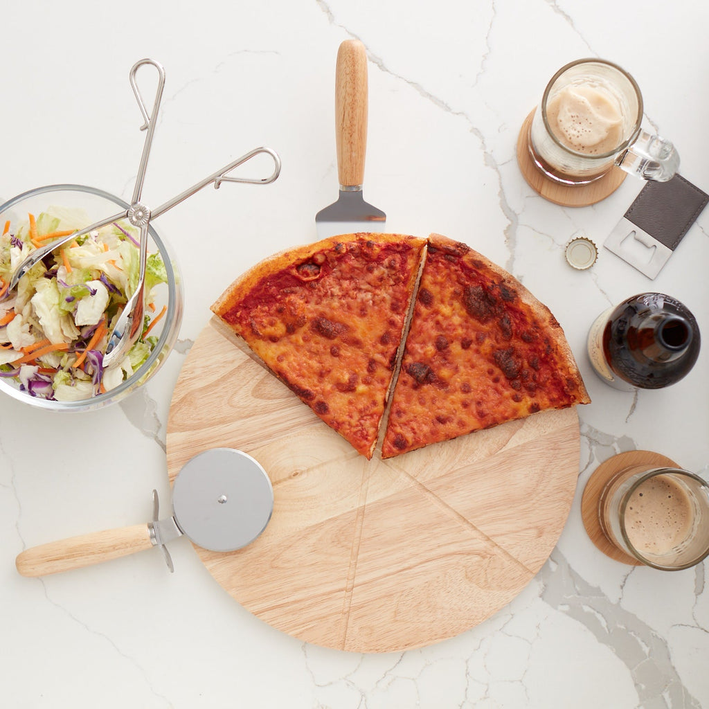 14" Wooden Pizza Board with Precision Cutting Wheel & Server