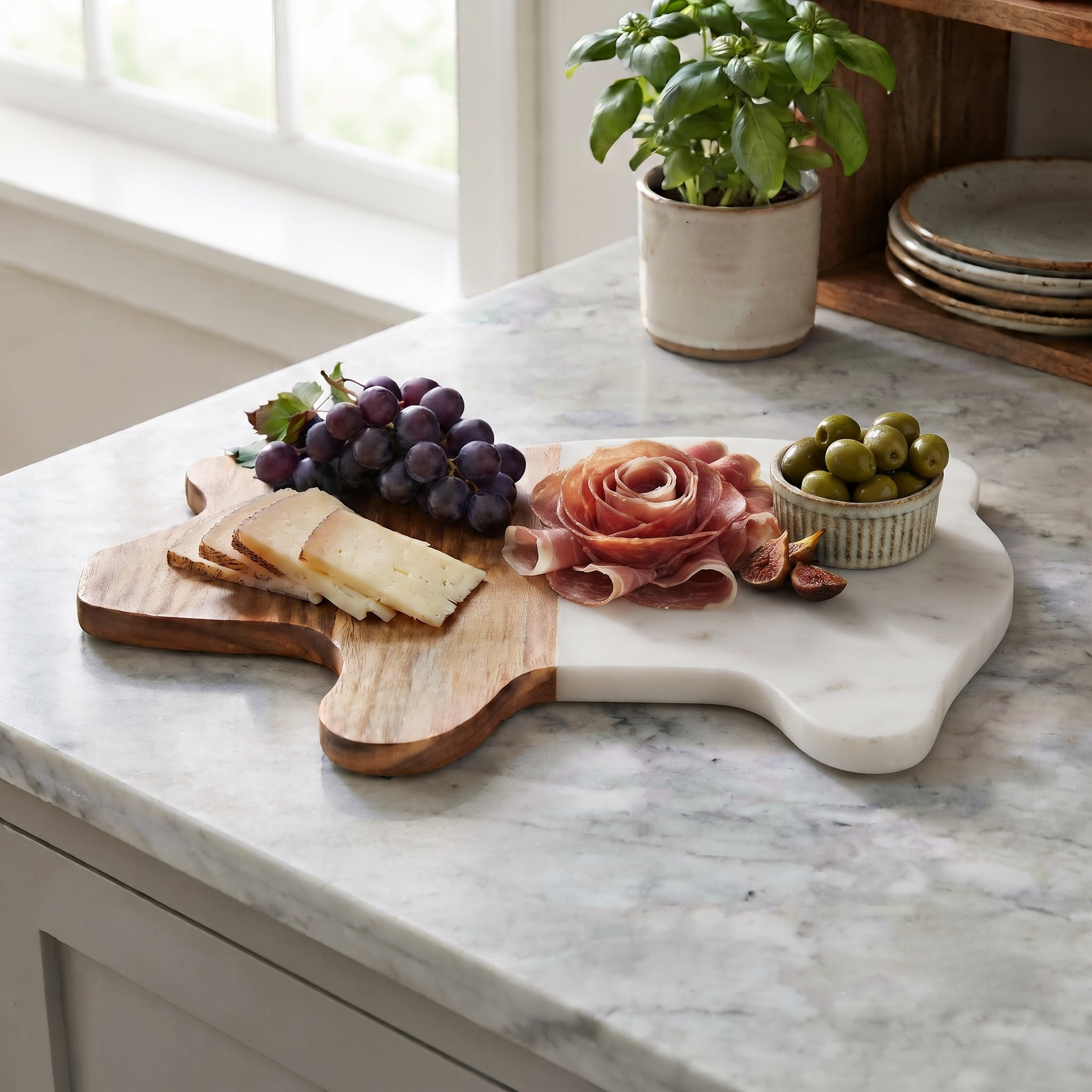 White Marble and Acacia Wood Pig Board