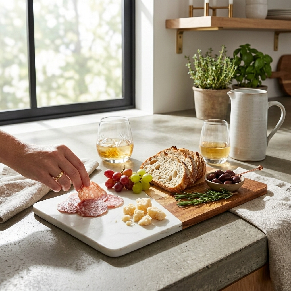 White Marble and Acacia Wood Rectangular Diagonal Board