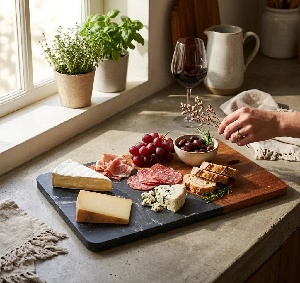 Personalized Black Marble & Acacia Wood Charcuterie Board (12" x 7.75") | Custom Engraved Serving Board