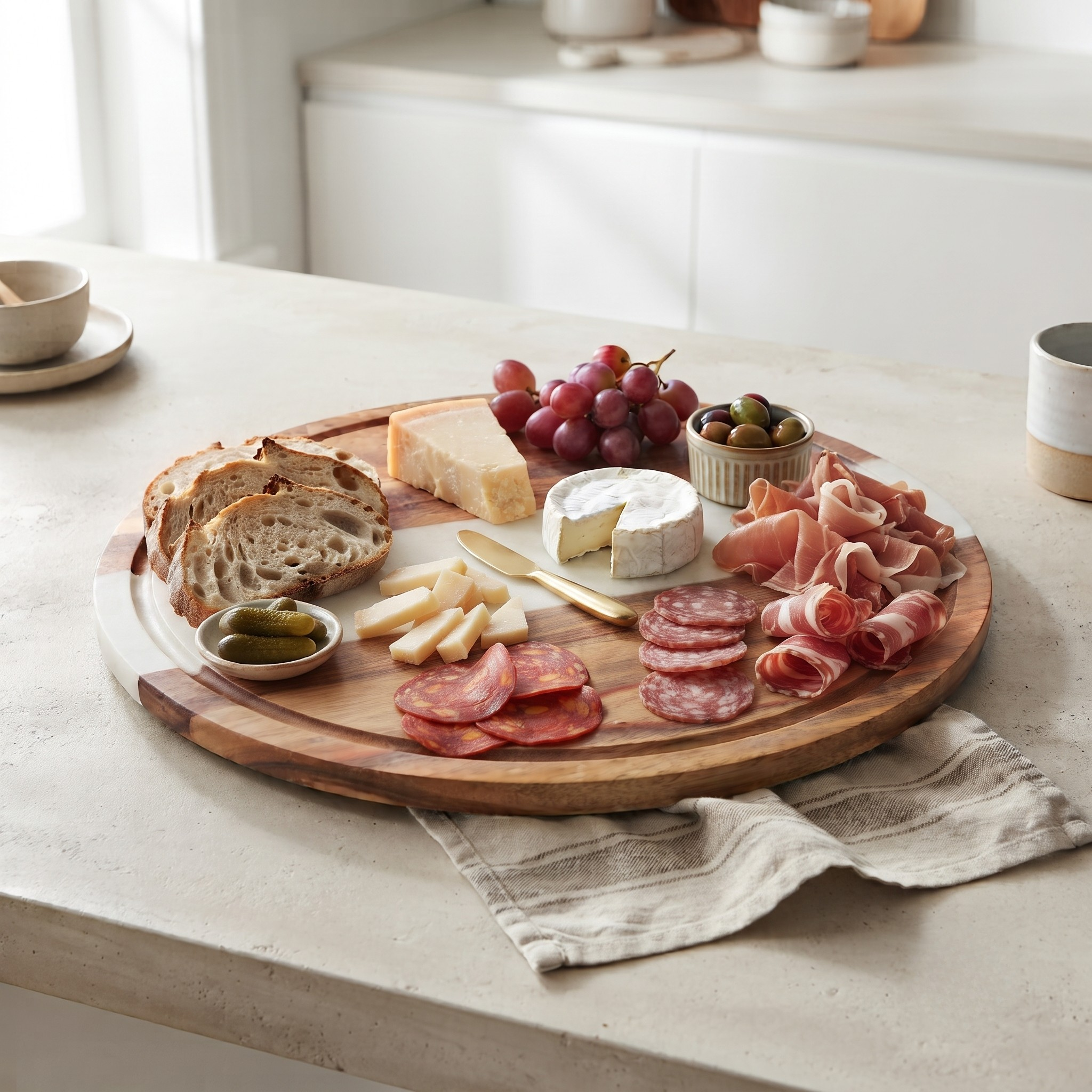White Marble Stripe and Acacia Wood Round Board - 11"