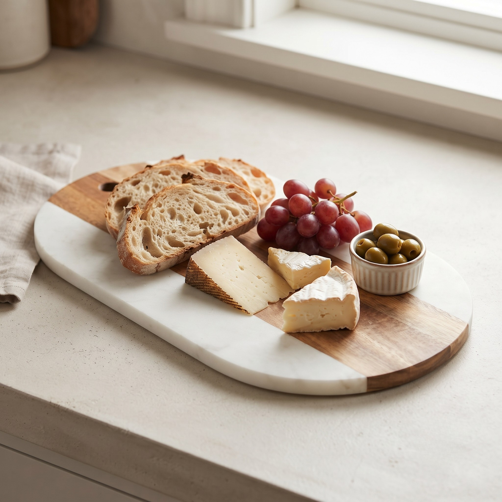 White Marble and Acacia Wood Oval Board