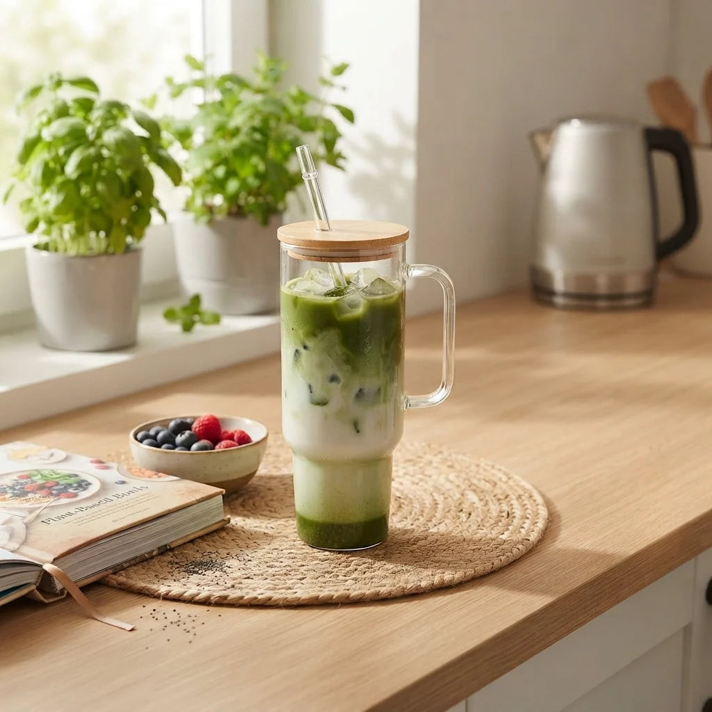 Personalized 40 oz Clear Glass Tumbler with Handle, Bamboo Lid & Straw | Custom Engraved Drinkware