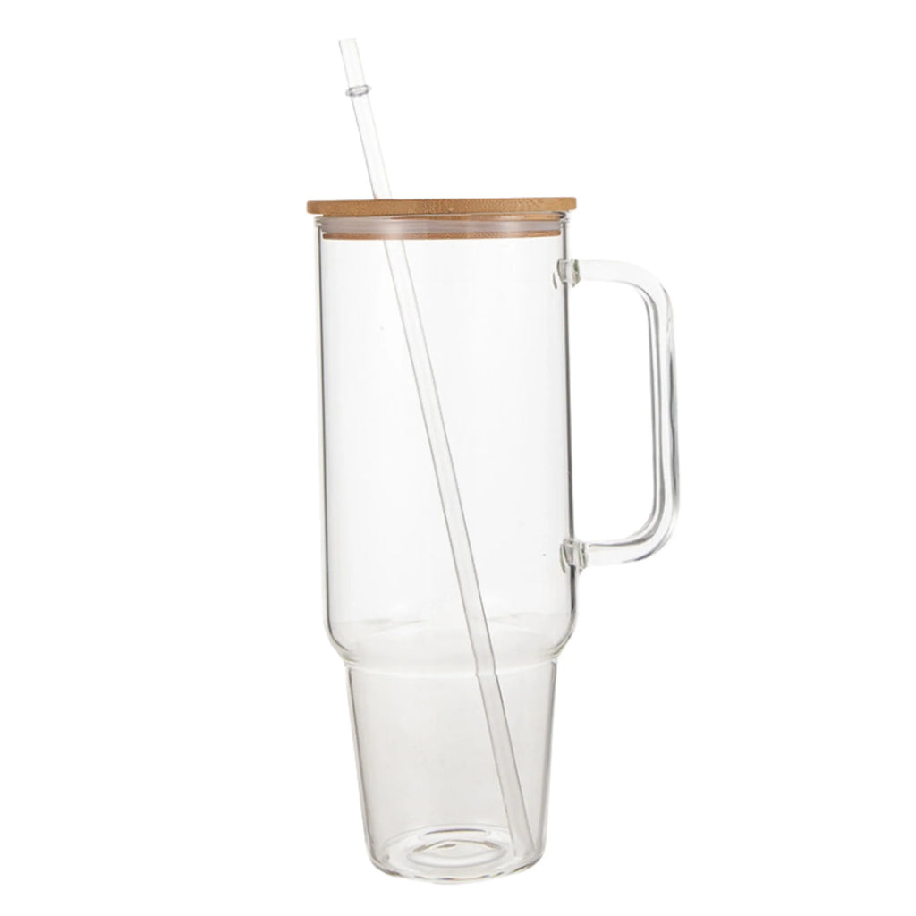 Personalized 40 oz Clear Glass Tumbler with Handle, Bamboo Lid & Straw | Custom Engraved Drinkware