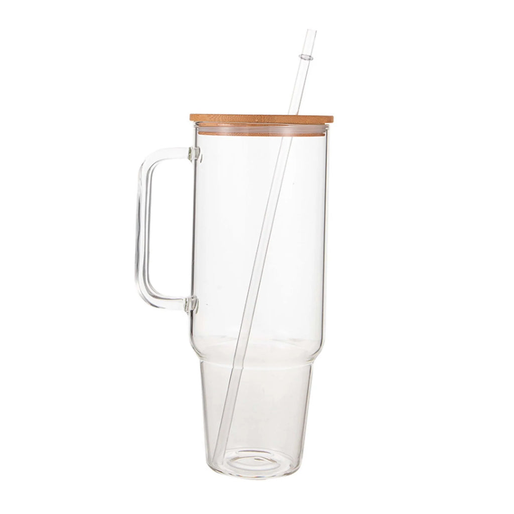 Personalized 40 oz Clear Glass Tumbler with Handle, Bamboo Lid & Straw | Custom Engraved Drinkware