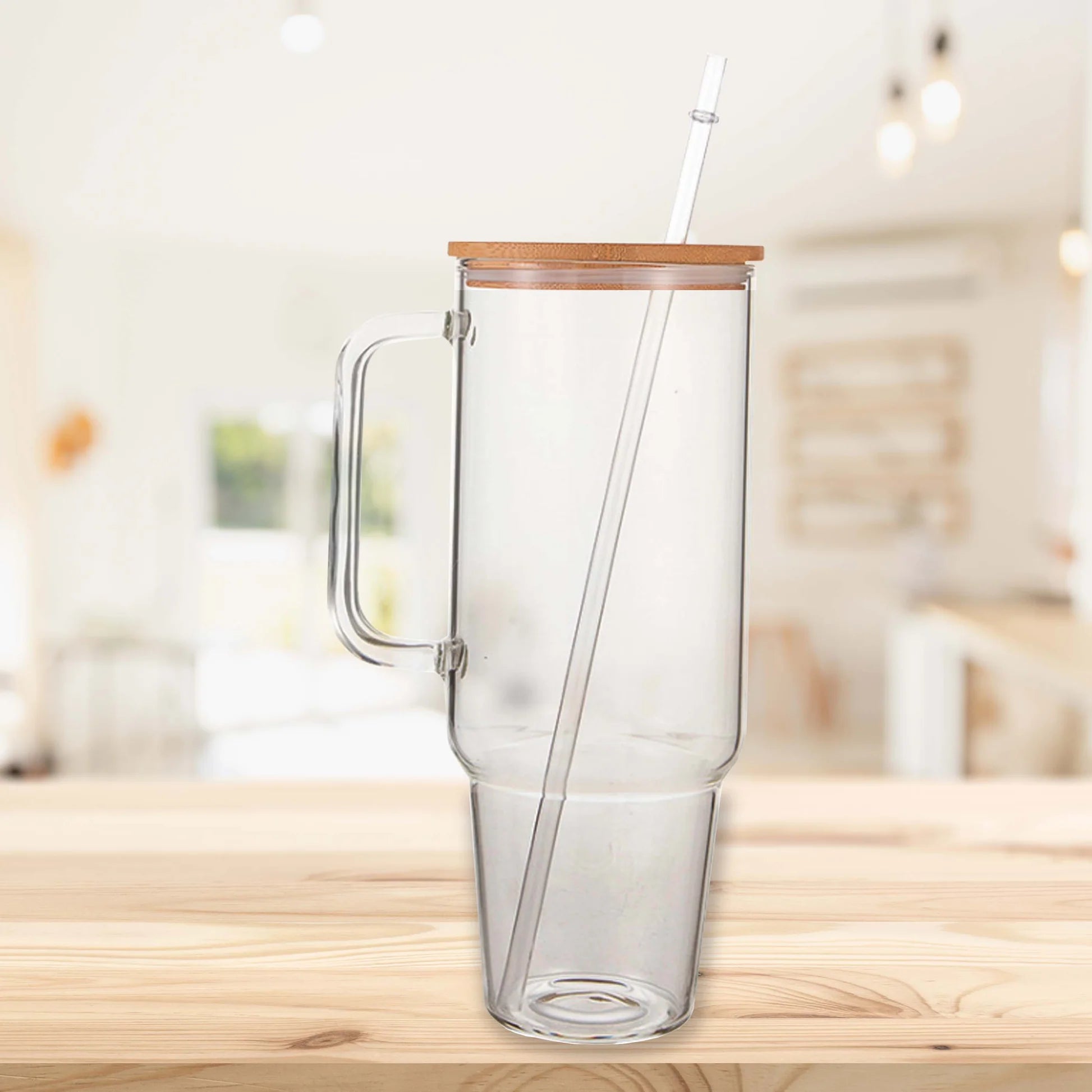 Personalized 40 oz Clear Glass Tumbler with Handle, Bamboo Lid & Straw | Custom Engraved Drinkware
