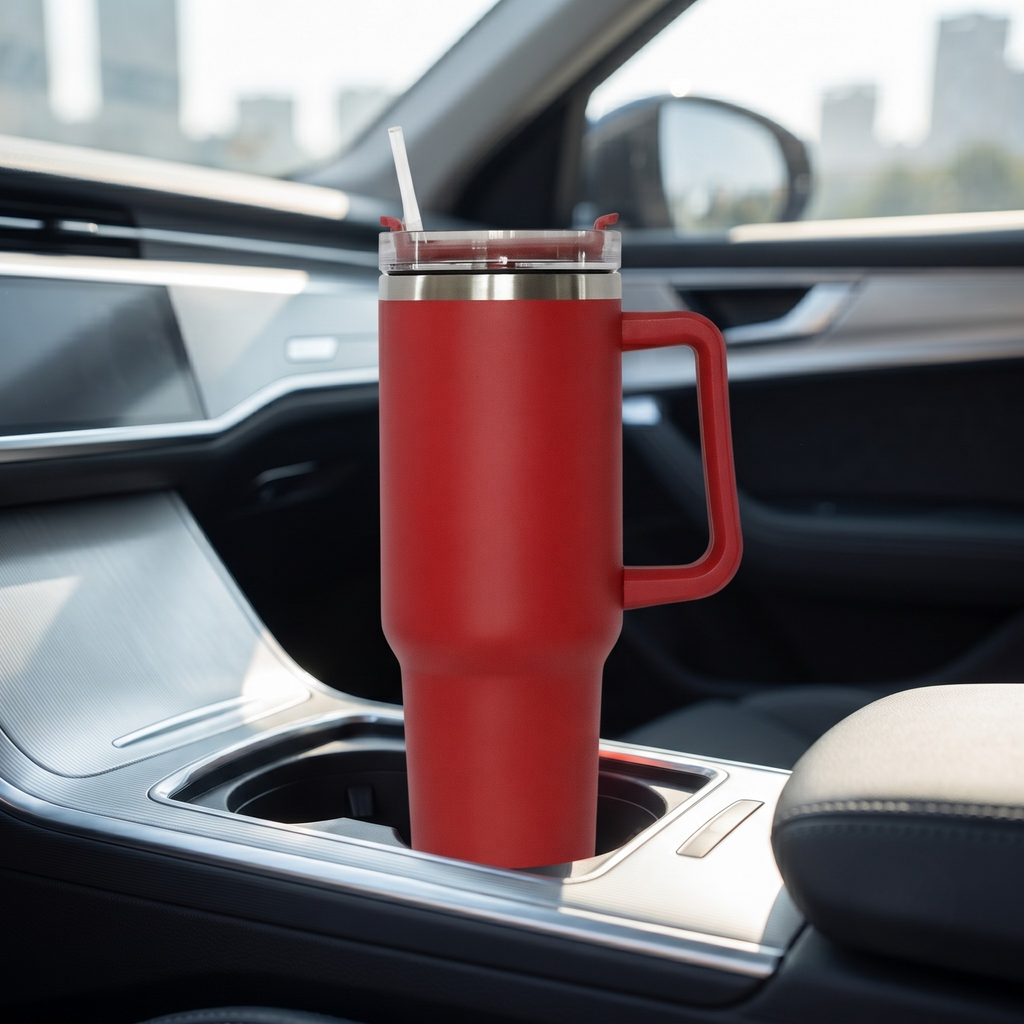 40 Oz Stainless Steel Tumbler with Handle & Straw - Red