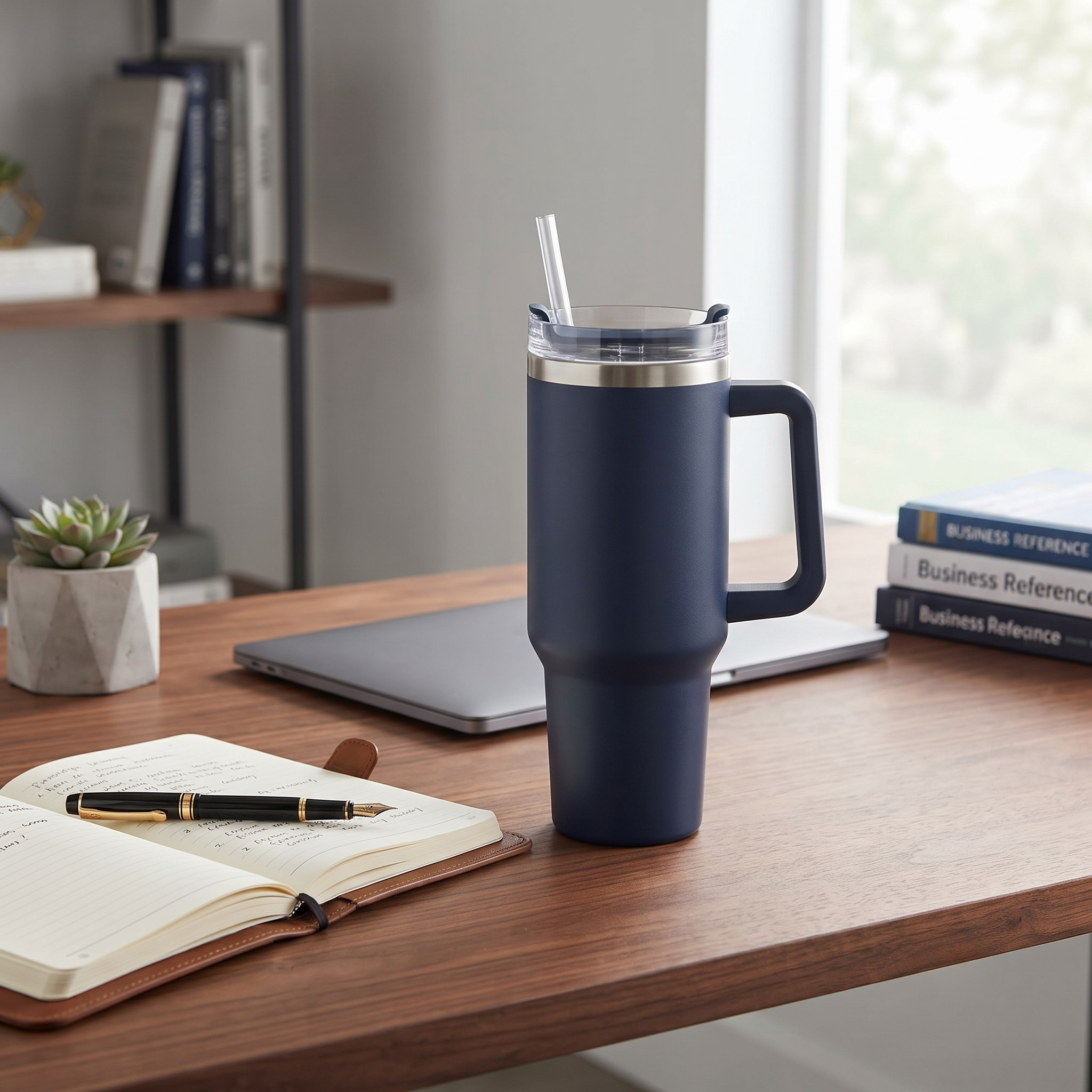 40 Oz Stainless Steel Tumbler with Handle & Straw - Navy