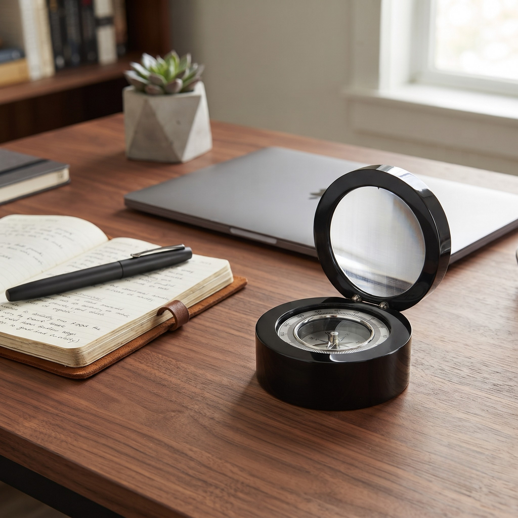 Black Round Wood Box with Compass