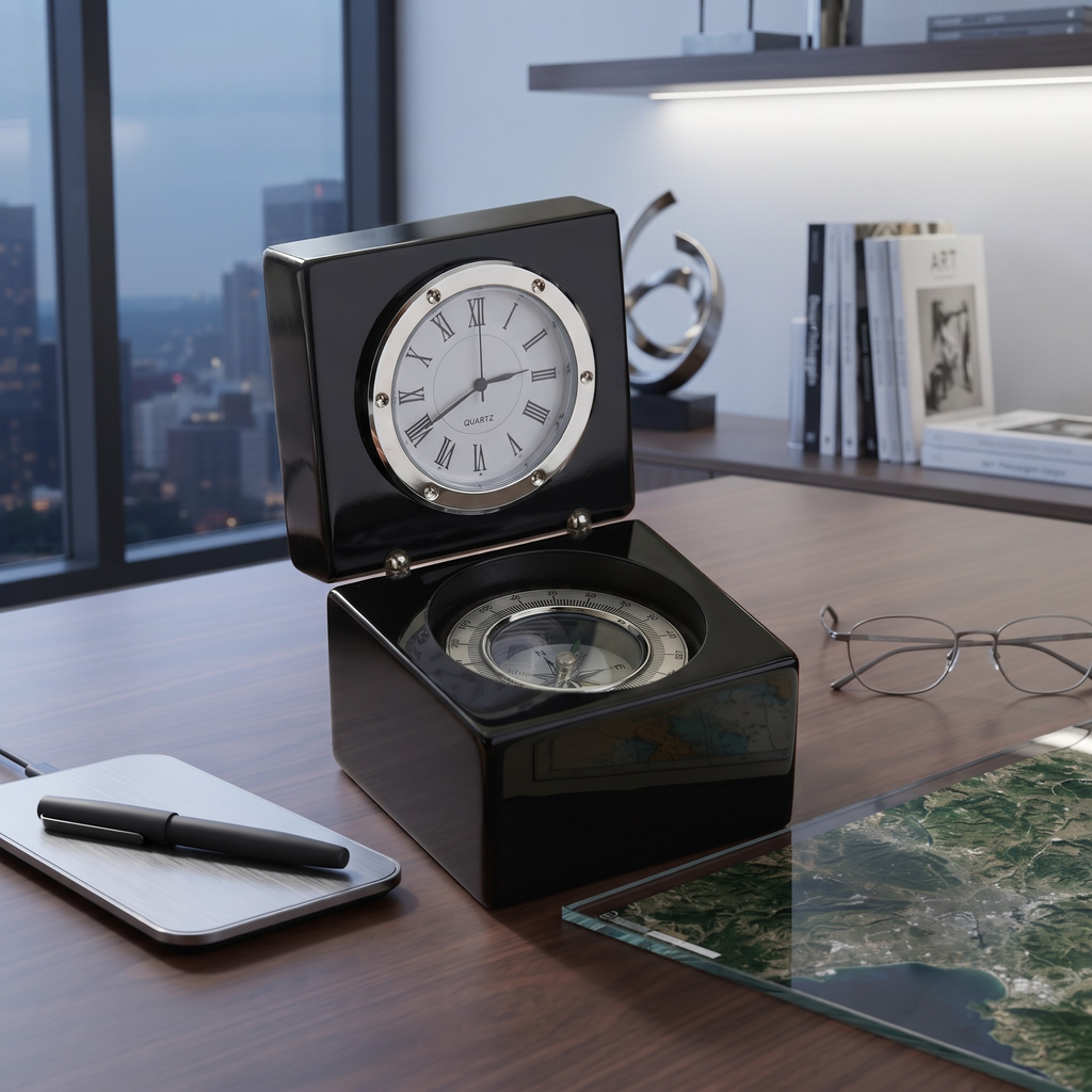 Black Square Wood Box with Clock & Compass