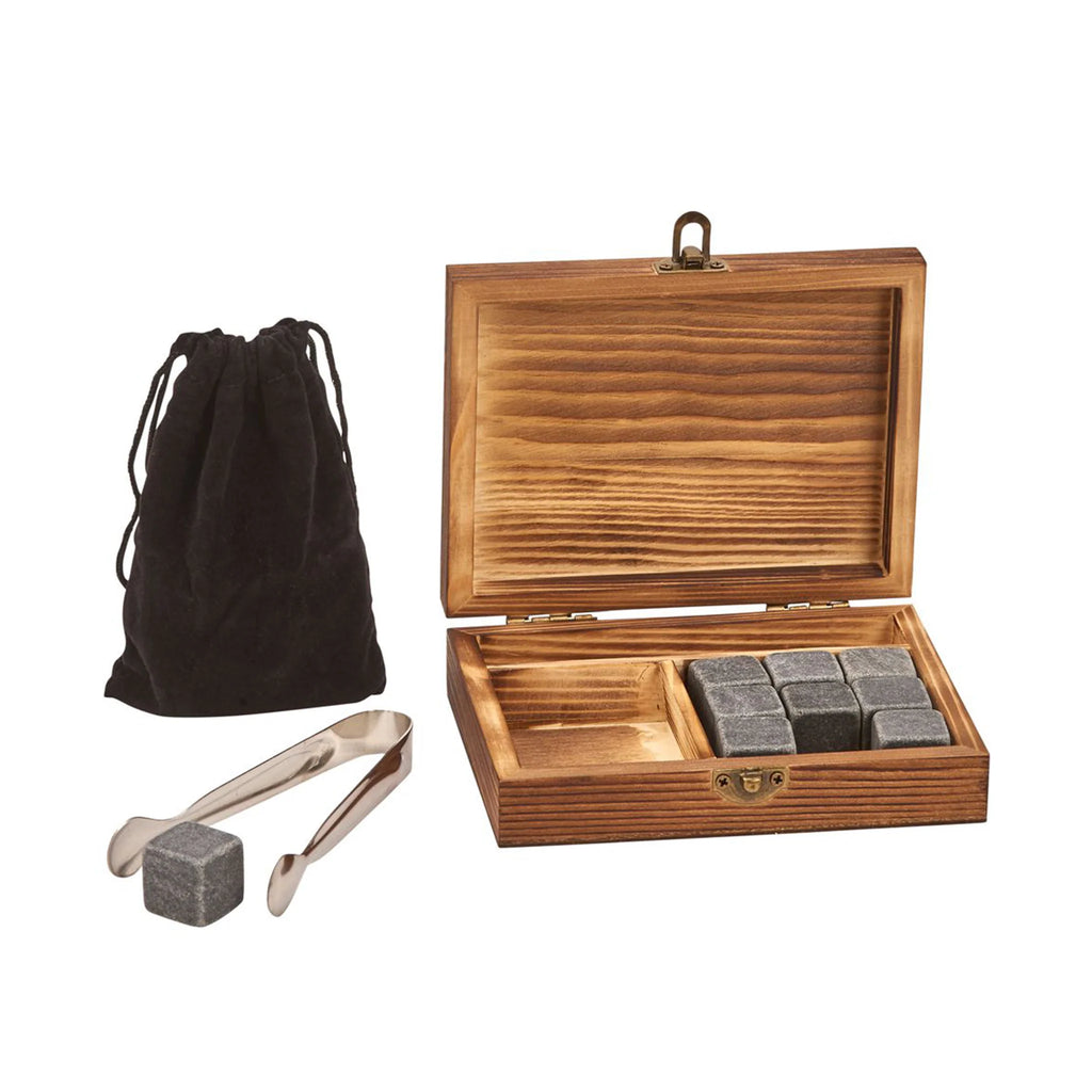 Custom Wood Box Whiskey Stone Set with Tongs & Pouch
