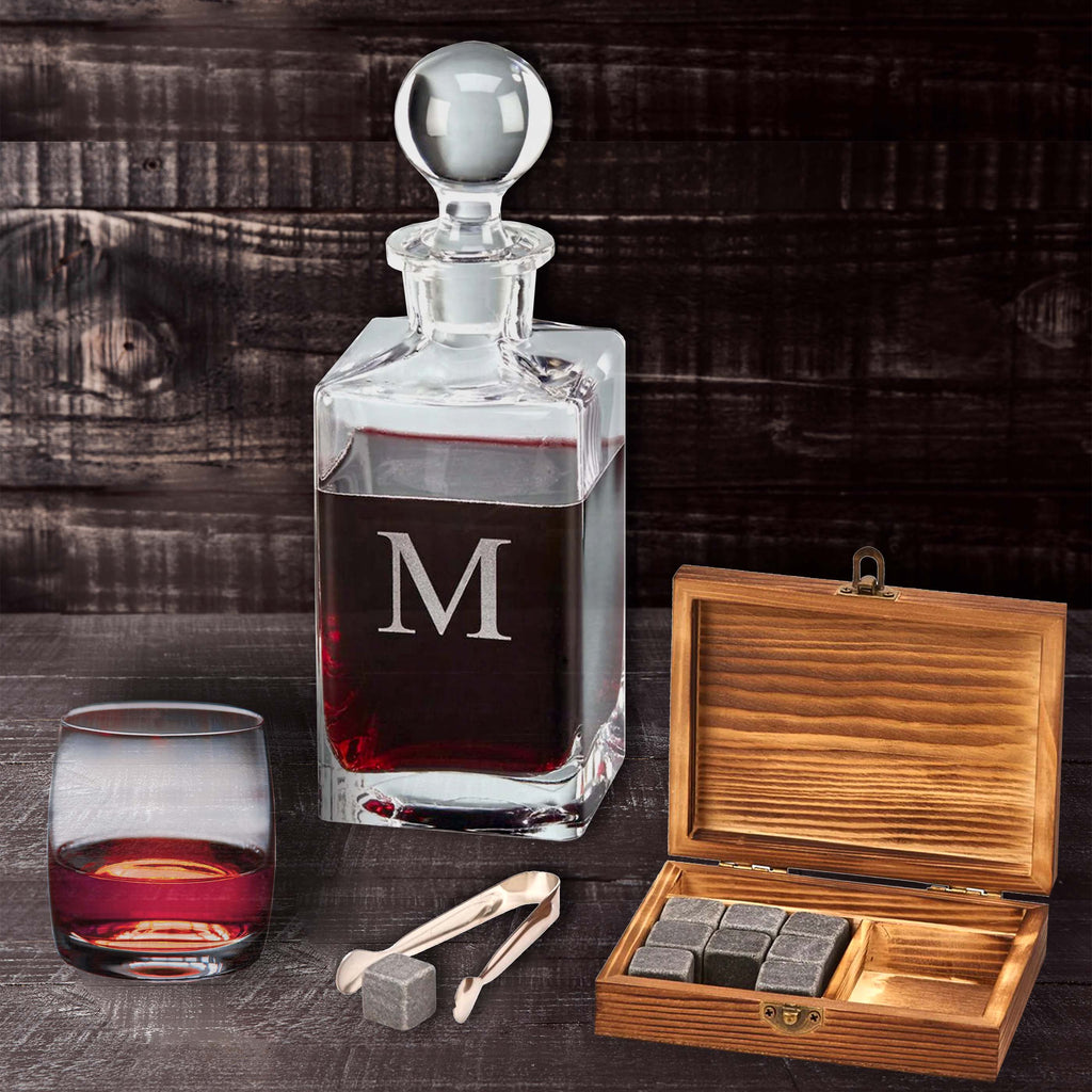 Custom Wood Box Whiskey Stone Set with Tongs & Pouch
