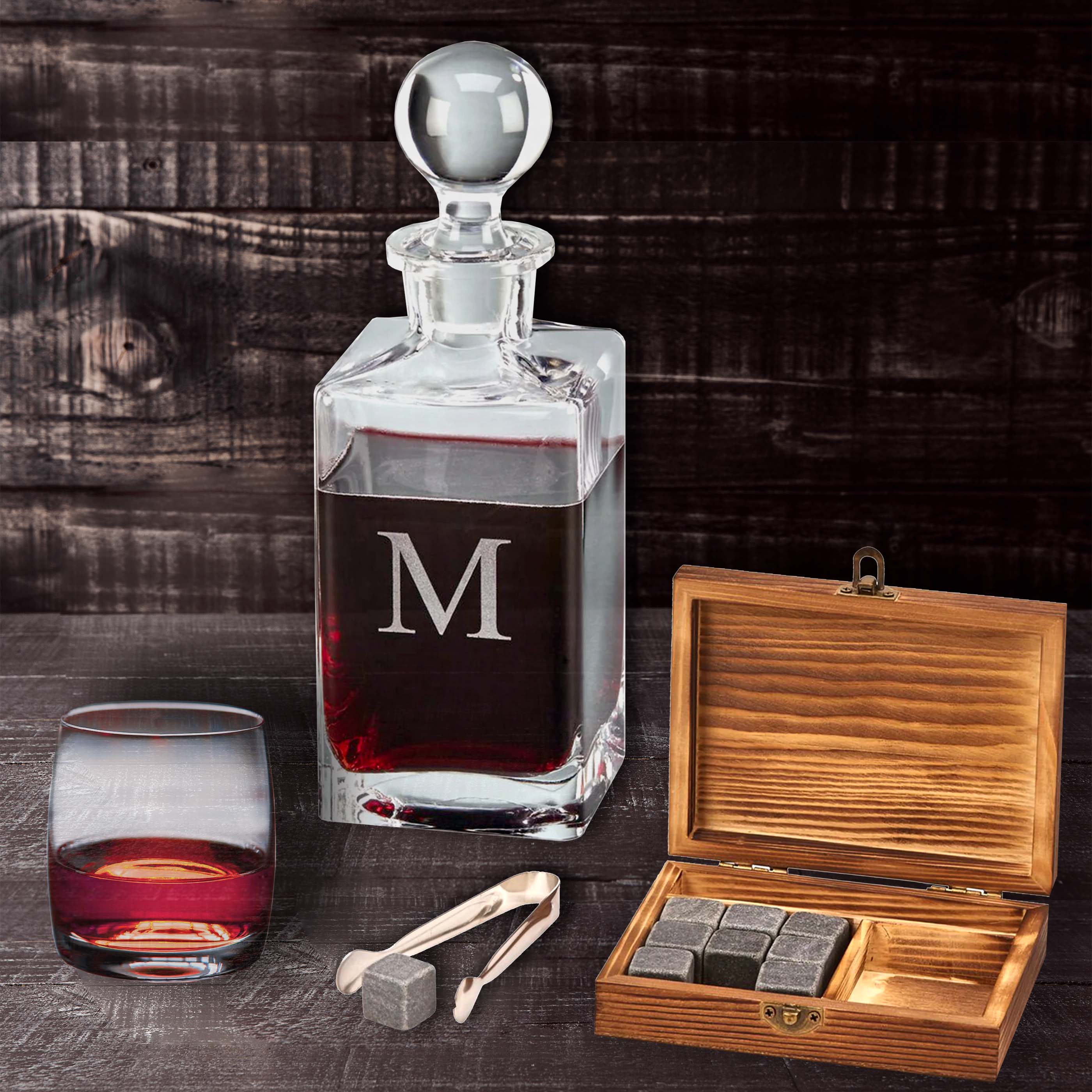 Custom Wood Box Whiskey Stone Set with Tongs & Pouch