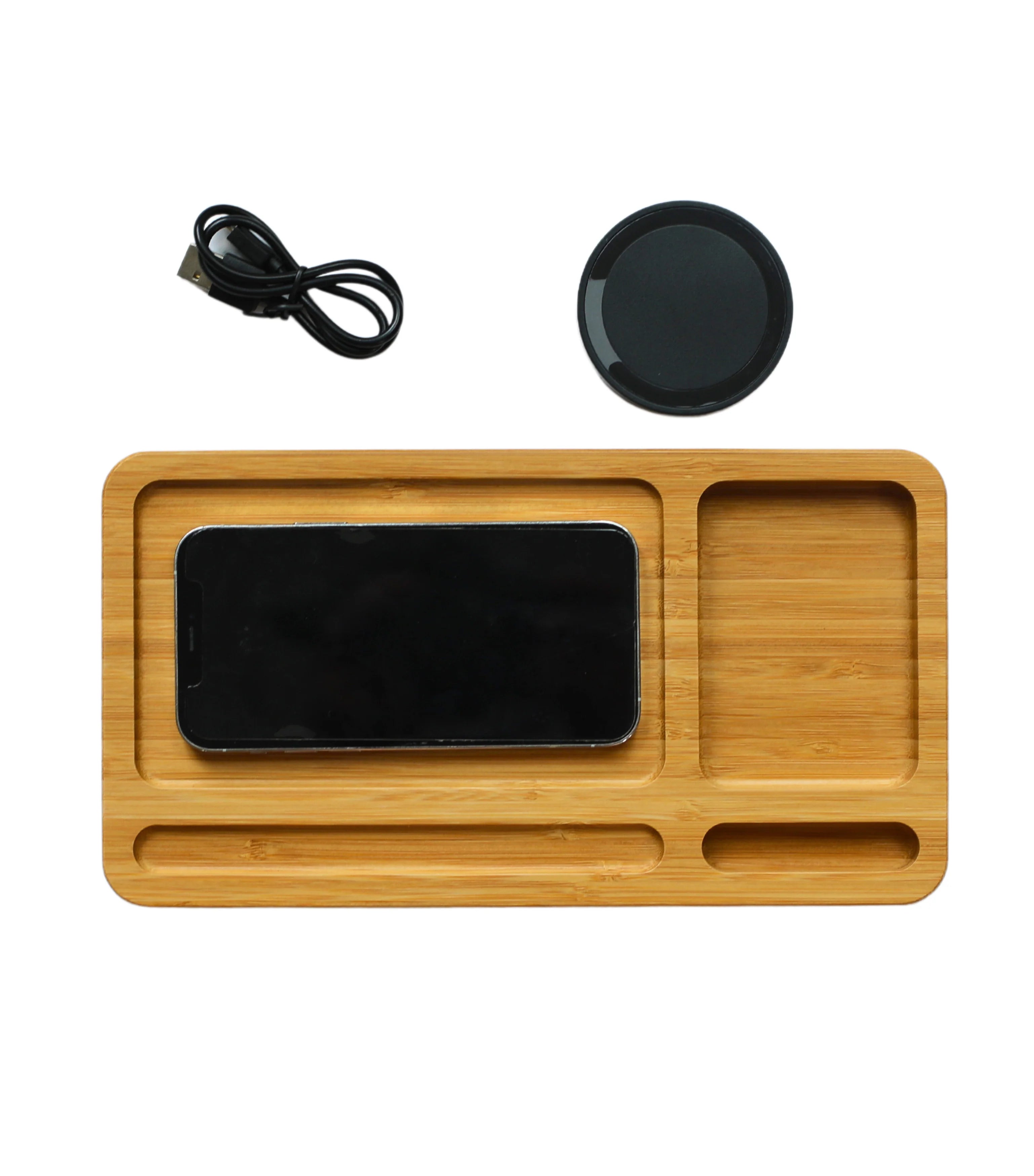 Personalized Bamboo Wireless Phone Charging Valet | Custom Engraved Tech Station & Nightstand Organizer