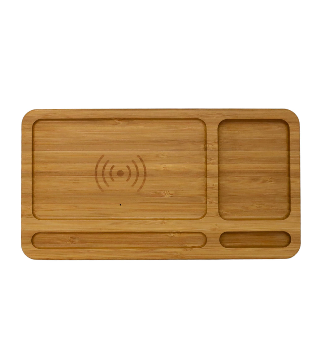 Personalized Bamboo Wireless Phone Charging Valet | Custom Engraved Tech Station & Nightstand Organizer