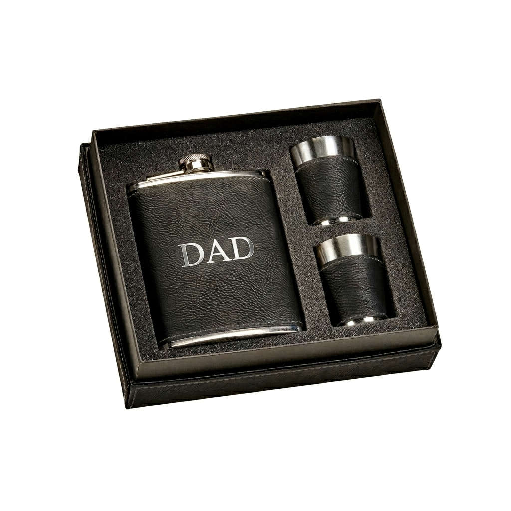 Black Leatherette Flask & Stainless Steel Shot Glass Set