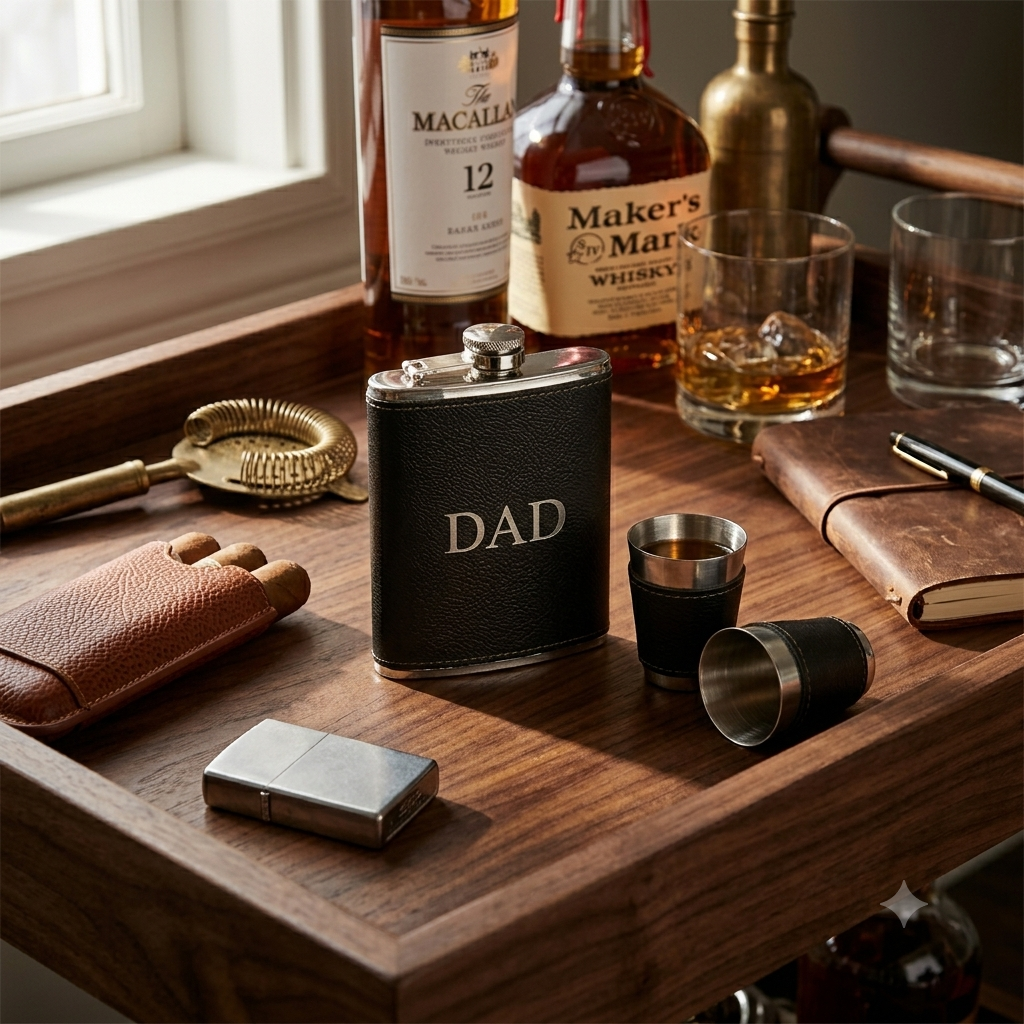 Black Leatherette Flask & Stainless Steel Shot Glass Set