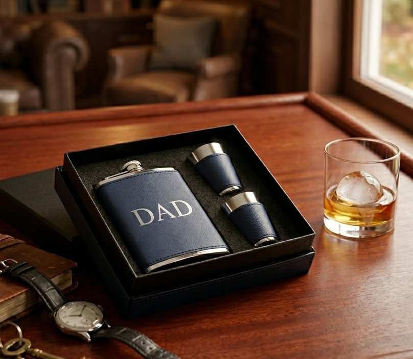 Navy Leatherette Flask & Stainless Steel Shot Glass Set