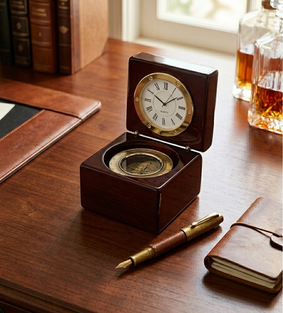 Square Wood Box With Clock & Compass In Piano Finish