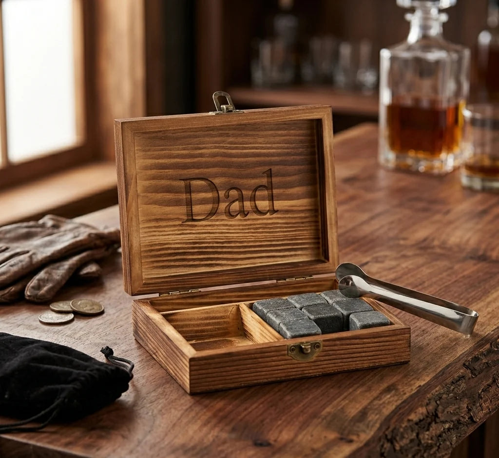 Custom Wood Box Whiskey Stone Set with Tongs & Pouch