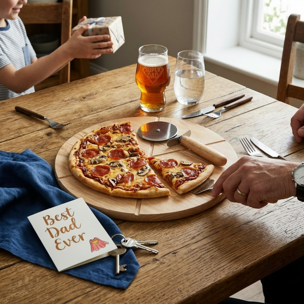 14" Wooden Pizza Board with Precision Cutting Wheel & Server