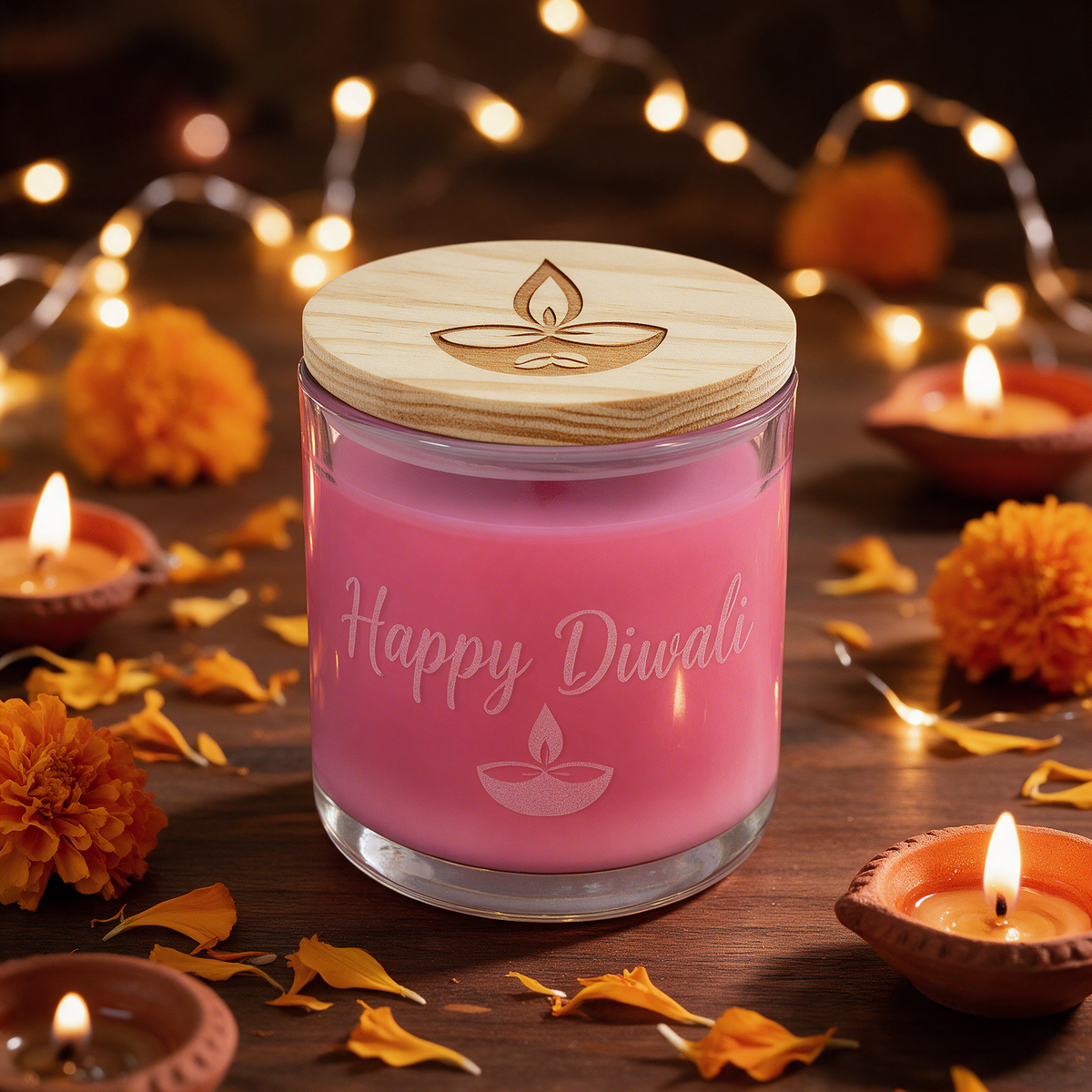 Diwali candle with etched glass and engraved wood lid surrounded by clay diyas and marigolds