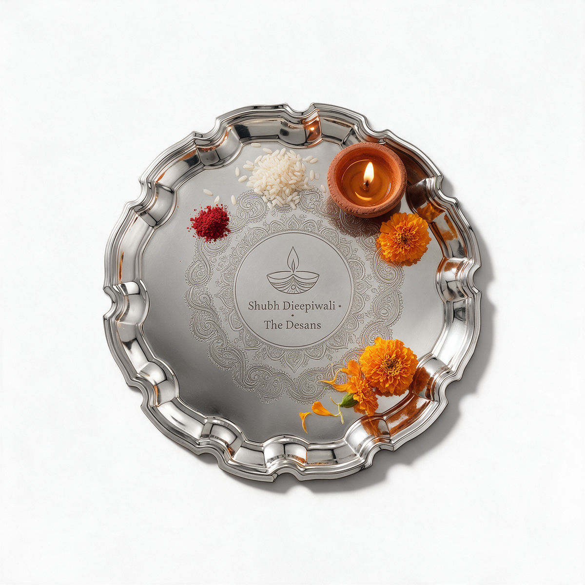 Chippendale 10 inch silver tray engraved Shubh Deepavali The Desais as a puja thali