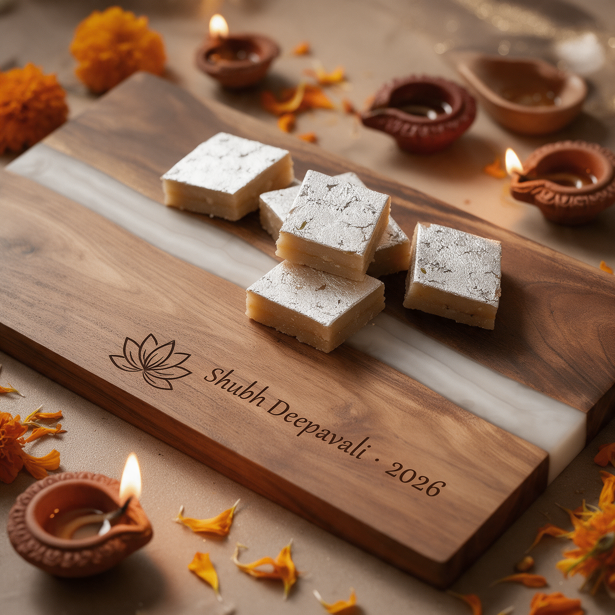 Acacia and white pearl resin board engraved with a lotus and Shubh Deepavali 2026, with mithai