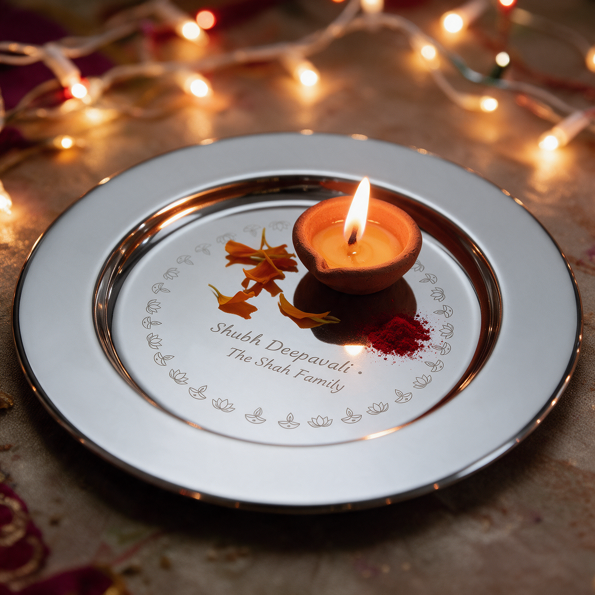 6 inch silver tray engraved Shubh Deepavali The Shah Family, used as a puja thali with a lit diya