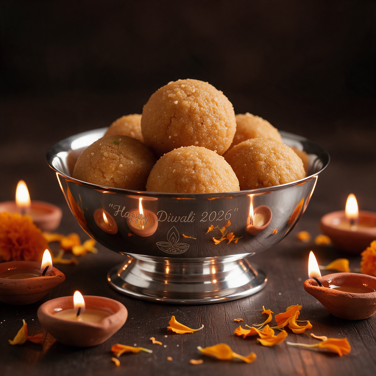Silver Paul Revere bowl engraved Happy Diwali 2026, filled with ladoos