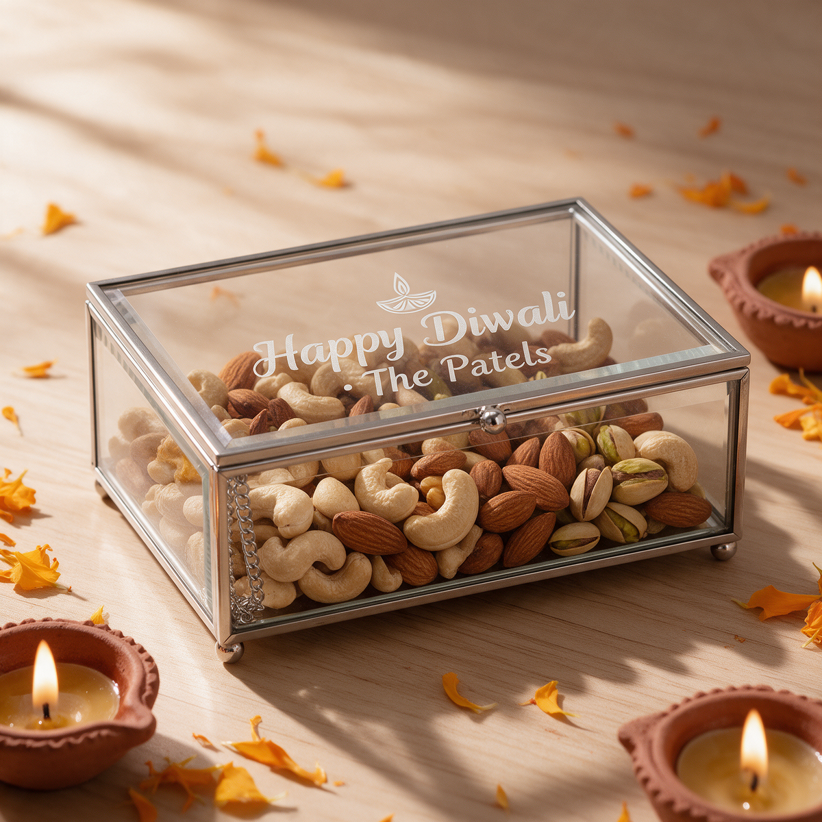 Claro hinged glass box etched Happy Diwali The Patels, filled with dry fruits