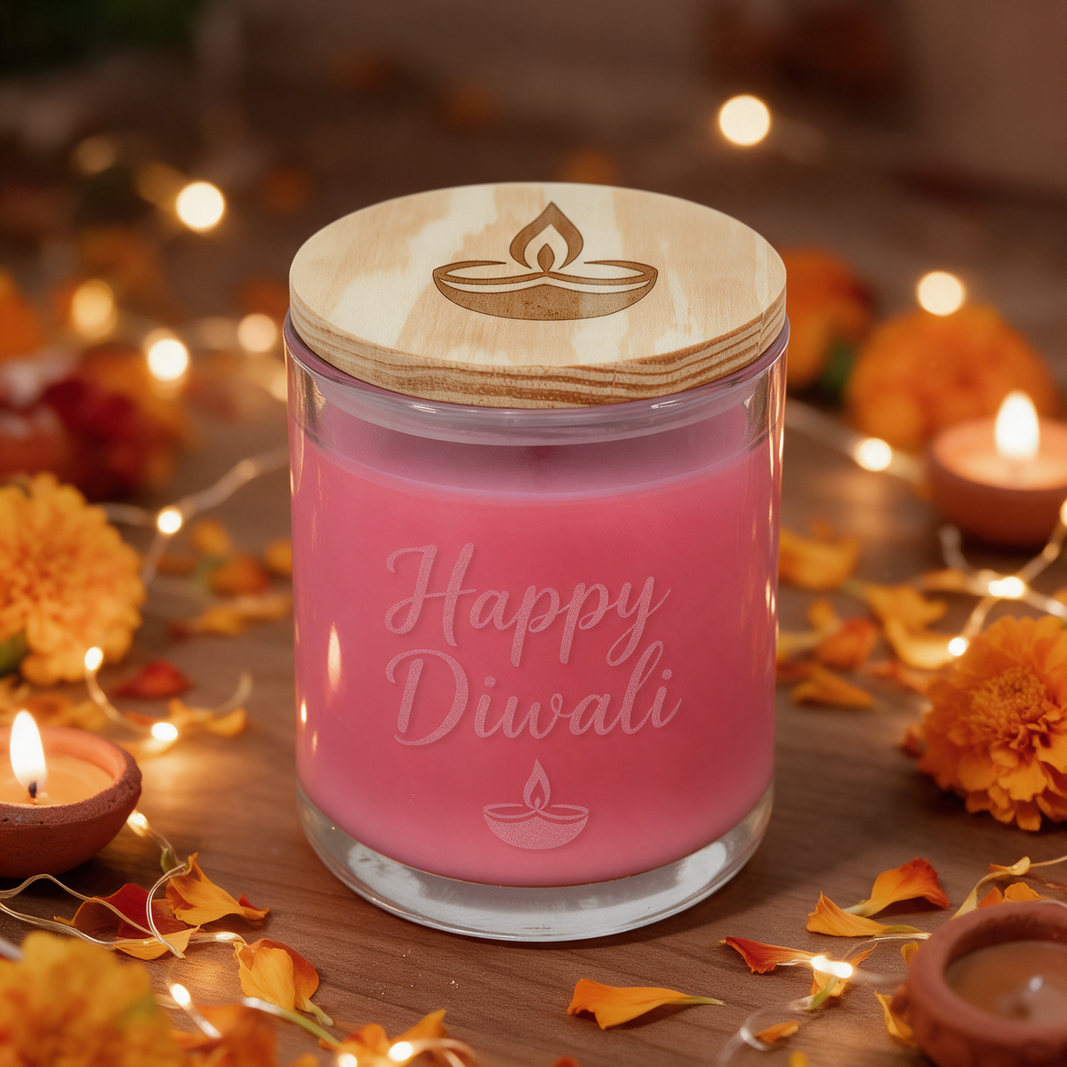 Pink peony rose candle in glass jar etched Happy Diwali with a diya, wood lid engraved with a diya