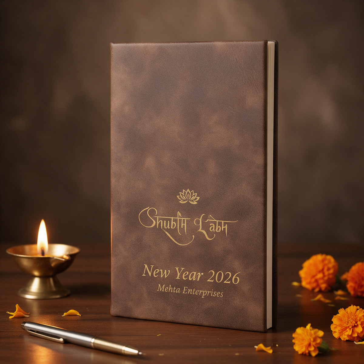 Rustic leatherette journal engraved in gold with Shubh Labh and New Year 2026