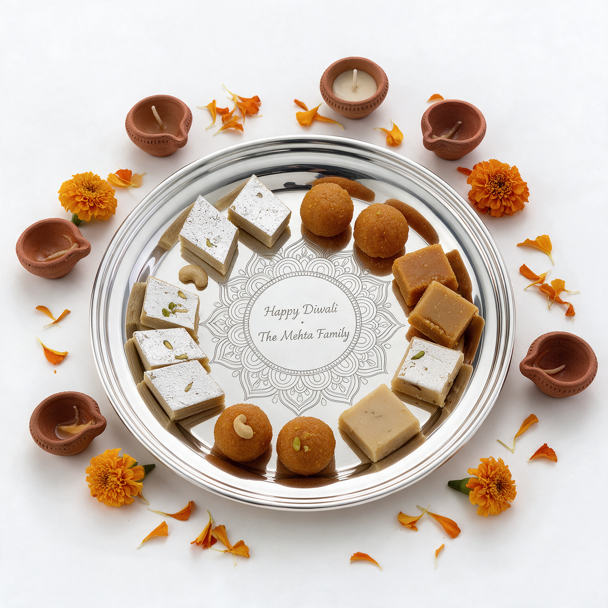 Simon design 10 inch silver tray engraved Happy Diwali The Mehta Family with mithai