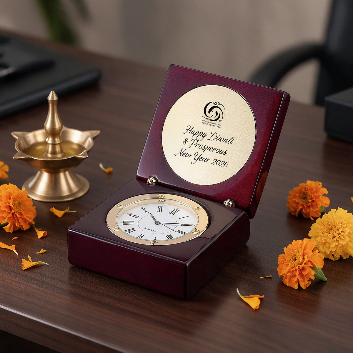 Piano finish clock box with gold plate engraved with a logo and Happy Diwali and Prosperous New Year 2026