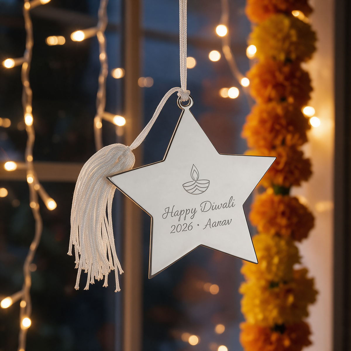 Silver star ornament engraved with a diya and Happy Diwali 2026 Aarav