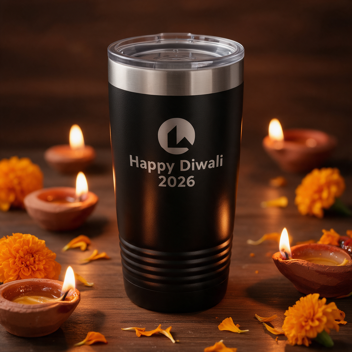 Black Polar Camel 20 oz ringneck tumbler engraved with a logo and Happy Diwali 2026