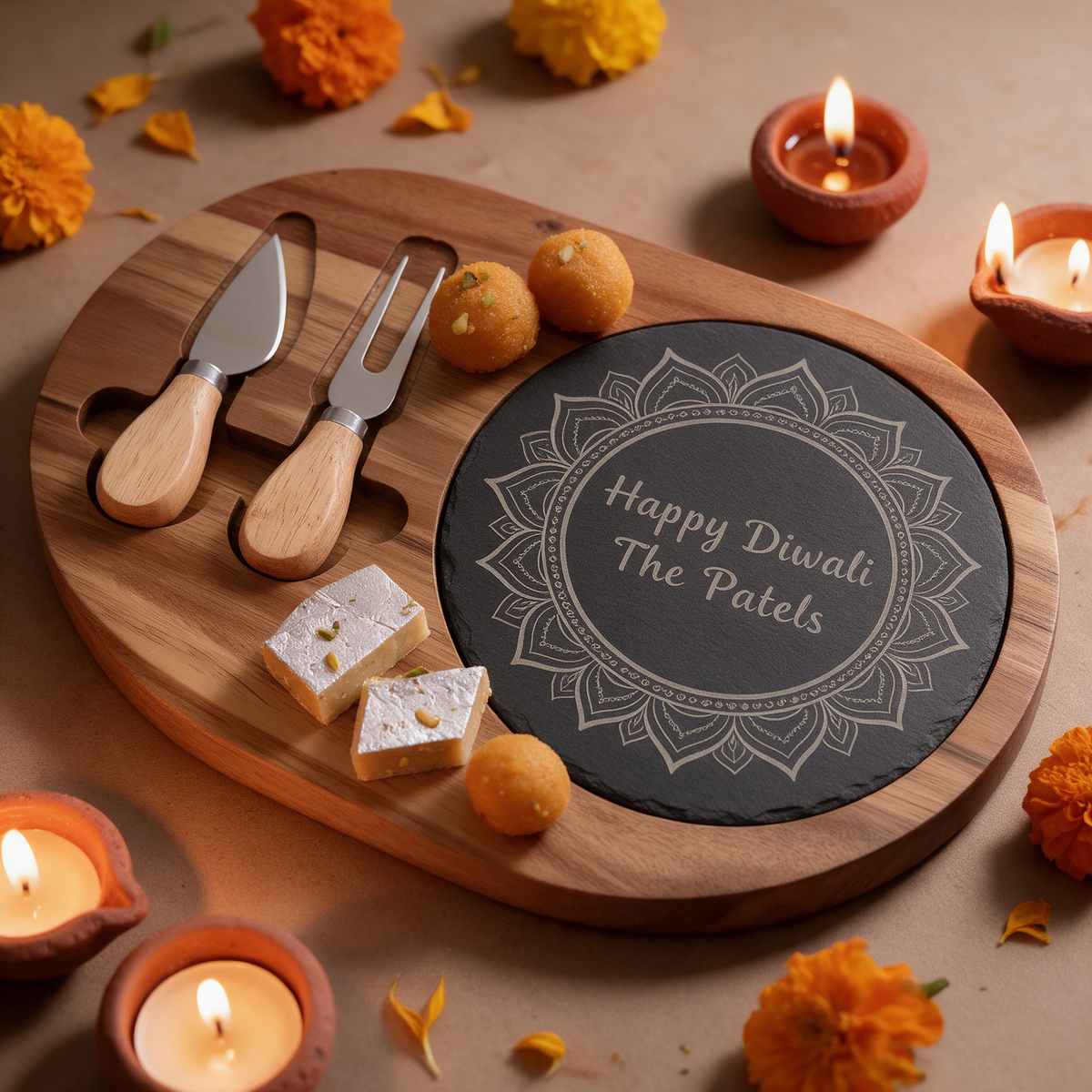 Oval acacia board with round slate engraved with a mandala and Happy Diwali The Patels, with two tools and mithai