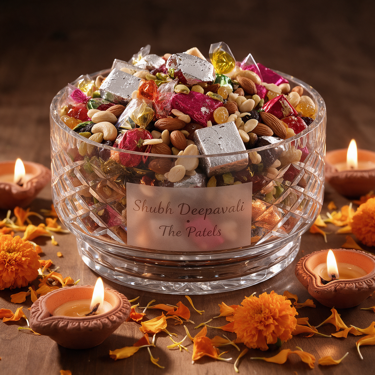 Cut crystal bowl etched Shubh Deepavali The Patels, filled with sweets and dry fruits